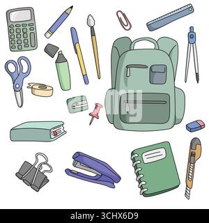 Satz von stationären Illustrationsvektoren, handgezeichnet mit schwarzen Linien isoliert auf weißem Hintergrund. Stock Vektor