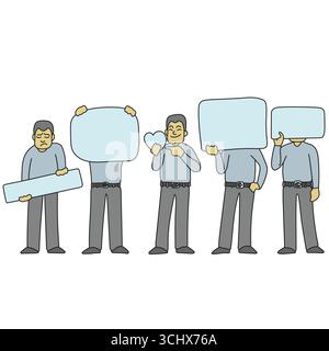 Satz des Mannes, der leeres Zeichen hält Illustrationsvektor Hand gezeichnet mit schwarzen Linien isoliert auf weißem Hintergrund. Stock Vektor