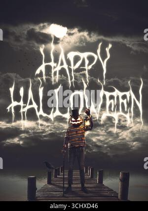 Frohe Halloween-Wünsche und gruselige Horrorfigur mit Kürbiskopf Stockfoto