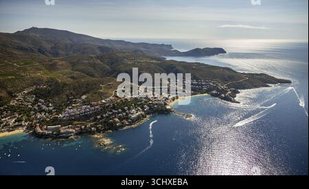 Mediterrane Bucht der Rosen, blaues Wasser, Rosen, Costa Brava, Katalonien, Spanien, Europa, Luftaufnahme, Vogelperspektive, Luftaufnahme, Luftfotogr Stockfoto