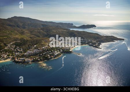 Mediterrane Bucht der Rosen, blaues Wasser, Rosen, Costa Brava, Katalonien, Spanien, Europa, Luftaufnahme, Vogelperspektive, Luftaufnahme, Luftfotogr Stockfoto