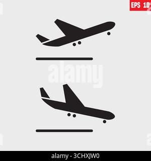 Hinweisschilder für Ankunft und Abflug. Flughafenschild. Einfache Symbole, Flugzeuglande und -Start. Flughafen-Symbole gesetzt: Abflug, Ankunft. Vektor Stock Vektor