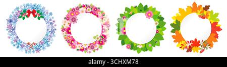 Set aus kreativen 3D-Kränzen in vier Jahreszeiten. Isoliertes Clip-Art-Design. Grafische Abbildung mit leerem Blatt Papier. Grußkarte oder Wunschkarte Temp Stock Vektor