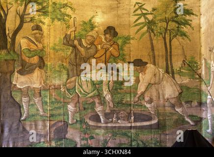 Seidentapete mit fernöstlichen Motiven, Casa de Sezim, Weingut Grande Escolha in der Region Minho, der Garten Portugals, Nespereira, Braga, Stockfoto