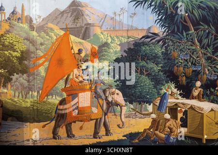 Seidentapete mit fernöstlichen Motiven, Casa de Sezim, Weingut Grande Escolha in der Region Minho, der Garten Portugals, Nespereira, Braga, Stockfoto