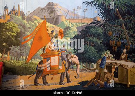 Seidentapete mit fernöstlichen Motiven, Casa de Sezim, Weingut Grande Escolha in der Region Minho, der Garten Portugals, Nespereira, Braga, Stockfoto