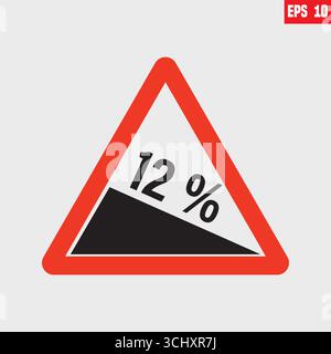 Vektorgrafik einer Warnung in Großbritannien vor einem Rückgang um 12 % vor dem Straßenschild, Warnung Verkehrszeichen. Etwa 12 Prozent Rückgang, steiler Abstieg. Stock Vektor