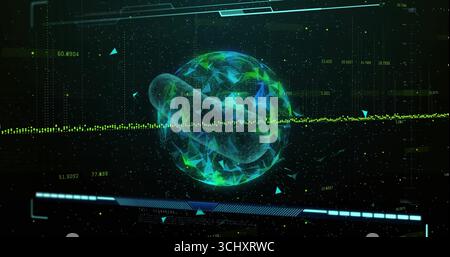 Verschiebbare holografische polygonale Kugel, die Datenpunkte im HUD mit Scan-Fortschrittsbalken anzeigt Stockfoto