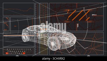Anzeigen von Drahtmodellen in der 3D-Limousine in virtueller Umgebung, Anzeigen von Diagrammen, Hexadezimalraster, orangefarbenen Balken Stockfoto