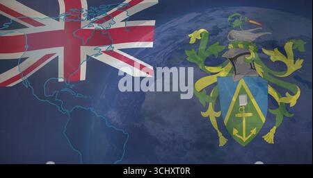 Globus aus dem Weltraum mit Union Jack Flagge, neonblauer Kartenumriss, Wappen, Kopierraum Stockfoto