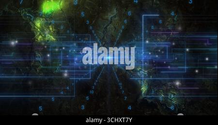 Emittieren von neonblauen Schaltungslinien im dunklen virtuellen Raum, mit schwebenden Ziffern und leuchtendem Knoten Stockfoto