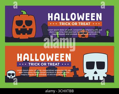 Ein einfaches und farbenfrohes Halloween-Banner mit Kürbissen, Schädel und Friedhof-Silhouetten in minimalistischem horizontalem Layout Stock Vektor