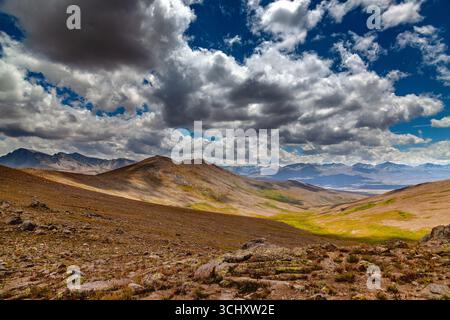 Blick auf die goldbraunen Berge, treffen auf ein lebendiges grünes Tal unter einem dramatischen Himmel voller flauschiger weißer Wolken, Deosai Nationalpark, Gilgit Baltista Stockfoto