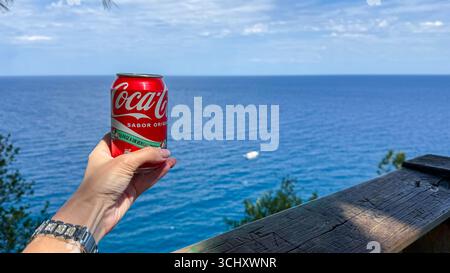 Eine Person hält eine Dose Coca Cola in der Hand. Die Dose ist rot und das Meer blau Stockfoto