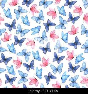 Nahtloses Muster mit fliegenden blauen und rosa Schmetterlingen. Handgemalte Illustration mit Aquarell. Isoliertes Element auf weißem Hintergrund. Für Textilien, Tapeten, Stoffe, Verpackungen, Dekoration. Stockfoto