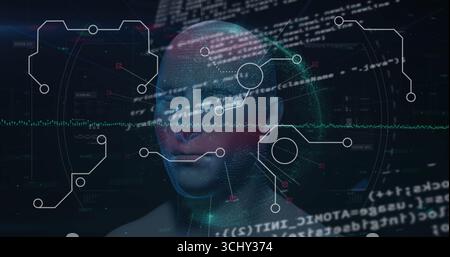 Anzeige des Kopfmodells, das Hexadezimalcode und Schaltpläne in holografischer Schnittstelle projiziert, Kopierraum Stockfoto
