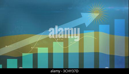 Anzeigen eines Balkendiagramms mit blauem Verlaufshintergrund, mit Beschriftungen, Liniendiagramm, Pfeil und Sonnensymbol Stockfoto