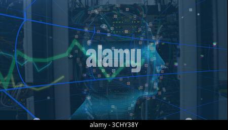 Anzeige des im Serverraum rotierenden Drahtmodellkopfs mit Netzwerkkabeln und Datenknoten Stockfoto