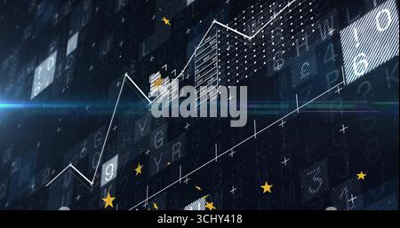 Anzeige eines weißen Liniendiagramms, das über der Benutzeroberfläche pulsiert, mit Währungstabellen, Sternsymbolen und Objektivflecken Stockfoto