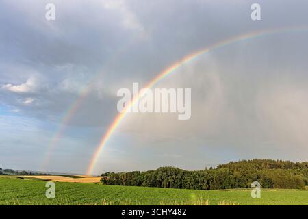 regenbogen über Feldern im Abendlicht, mit einem sekundären Regenbogen in umgekehrter Farbfolge, Deutschland, Bayern, Voralpenland Stockfoto