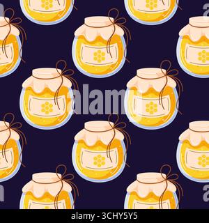Nahtloses Muster mit einem Glas Honig auf dunklem Hintergrund im Cartoon-Stil. Stock Vektor