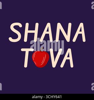 Grußkarte mit Shana Tova Text und ganzen Apfelfrüchten auf dunklem Hintergrund für Rosch Hashanah traditionellen Urlaub. Stock Vektor