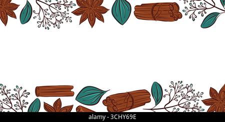 Zimtstangen, Sternanis, Zweigblume, Blätter und Kräuter im dekorativen Rahmen auf weißem Hintergrund in flacher Art. Perfekt für Lebensmittelverpackungen, Rezepte Stock Vektor