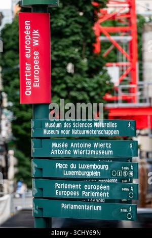 Wegweiser mit Wegweisern zu verschiedenen europäischen Institutionen im Europäischen Viertel Brüssel, Belgien am 16. Juli 2025 Stockfoto