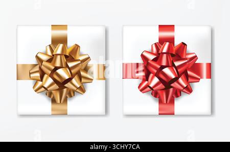 Realistische Geschenkbox mit roten und goldenen Schleifen auf weißem Hintergrund. Isolierter Vektor Stock Vektor