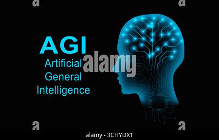 AGI-Konzept, dargestellt mit menschlicher Kopfsilhouette und Kreislaufhirn, symbolisiert Bewusstsein, Selbstbewusstsein, digitale Intelligenz und phil Stockfoto