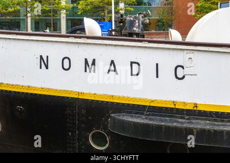 Name, nomadisches SS-Tenderboot, Titanic Museum Viertel, Belfast, Nordirland Stockfoto