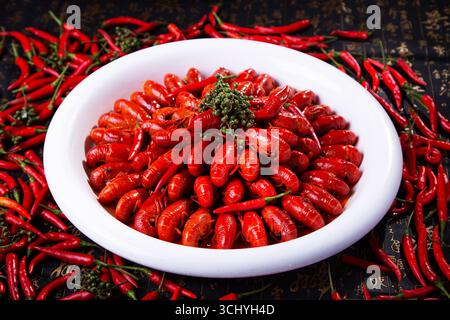 Mala scharfe Krebse mit Chilischoten und Sichuan-Pfeffer Stockfoto