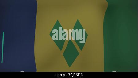 Die Flagge von St. Vincent und Grenadinen winkt aus nächster Nähe mit drei vertikalen Streifen und grünen Lutschtabletten Stockfoto