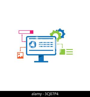 Flache Vektordarstellung eines Computermonitors mit Profil-, Einstellungen- und Inhaltselementen. Perfekt für UI-Design, Web-Entwicklung und digitale Anwendungen Stock Vektor