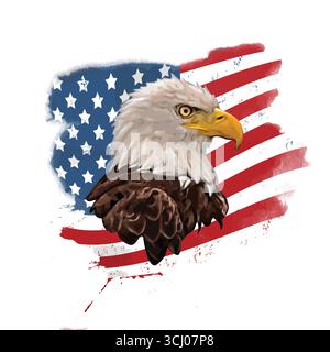 Weißkopfseeadler auf dem Hintergrund der Illustration der amerikanischen Flagge. Vektorgrafik Cartoonfigur des Adlerkopf-Symbols. Stock Vektor