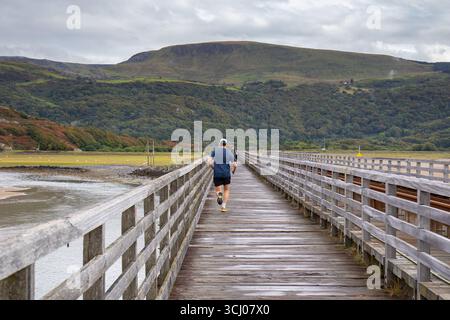 Männlicher Jogger, der auf der Barmouth Viaduktbrücke über den Fluss Mawddach in Wales läuft Stockfoto