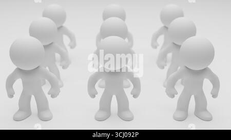 Ein digitales 3D-Rendering, das mehrere humanoide Figuren auf einem klaren Hintergrund zeigt und Teamwork, Ordnung und Organisation symbolisiert. Stockfoto