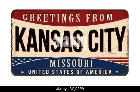 Grüße von Kansas City Vintage rostiges Metallschild auf weißem Hintergrund, Vektor-Illustration Stock Vektor