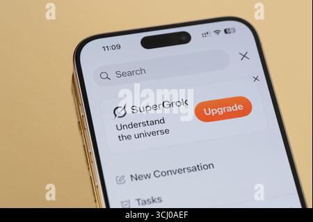 New York, USA - 1. September 2025: Menü der Grok Chatbot AI-Anwendung Nahansicht auf dem Smartphone-Bildschirm Stockfoto