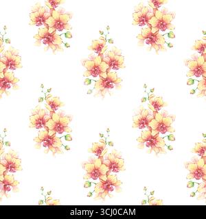 Gelbe Orchideenmuster. Handgemalte Aquarellillustration auf weißem Hintergrund. Elegantes Blumendesign. Perfekt für Tapeten und Stoffe Stockfoto
