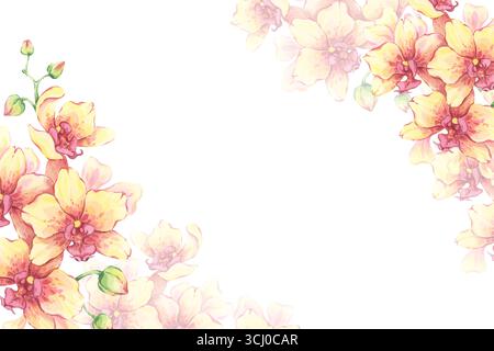 Gelber Orchideenrahmen in Aquarellillustrationstechnik. Stilvolle botanische Vorlage mit leuchtenden exotischen Blumen. Handgemaltes Blumendesign Stockfoto