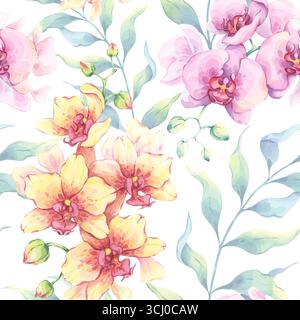 Aquarellorchideenmuster mit rosa und gelben Blüten und üppigen grünen Zweigen. Handgezeichnete Abbildung. Ideal für Stoff und Tapeten Stockfoto