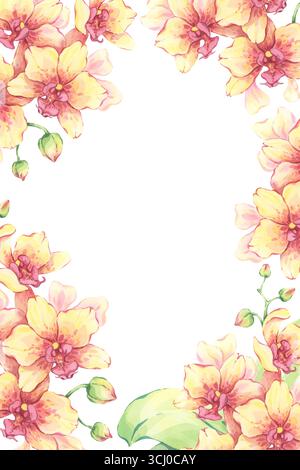 Aquarellgelber Orchideenrahmen. Handgemalte Blumenarrangements. Botanische exotische Vorlage. Perfekt für Einladungen, Grußkarten, Schreibwaren Stockfoto