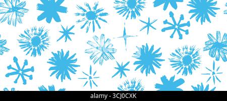 Stilvolles, nahtloses Muster in blauer Farbe mit handgezeichneten Graffiti-Blumen, Sternchen und Kristall-Weihnachtsformen. Grunge Wachsmalstift, Kreide und Holzkohle Stock Vektor