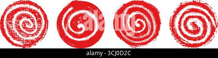 Japanische Sonne mit Spiralsymbol. Kollektion roter, runder Spiralmuster für Schulkinder oder Kindergartenkinder. Kreativer Pinsel mit Grungy Stock Vektor
