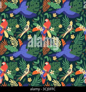Nahtloses Papageien-Muster. Wunderschöne Blumen, tropische Blätter und exotische helle Vögel, wiederholte Dschungelelemente. Textil, Geschenkpapier, Tapete Stock Vektor