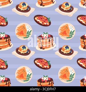 Nahtloses Pancakes-Muster. Leckeres hausgemachtes Essen, wiederholtes warmes Frühstück, gebratener Teig mit süßen oder salzigen Belägen. Textil, Geschenkpapier, Tapete Stock Vektor