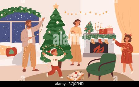 Glückliche Familie ziert den Weihnachtsbaum. Leute, die sich auf Neujahrsfeier vorbereiten, gemütliche Inneneinrichtung, Kamin, Kinder und Eltern Winterferien Stock Vektor