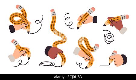 Die Hände halten gedrehte Graphitstifte mit Radiergummi. Flexible, lange Formen, Skizzen, Zeichnungen, kreative Prozesse, Handschrift, geschwungene Accessoires, Schule Stock Vektor