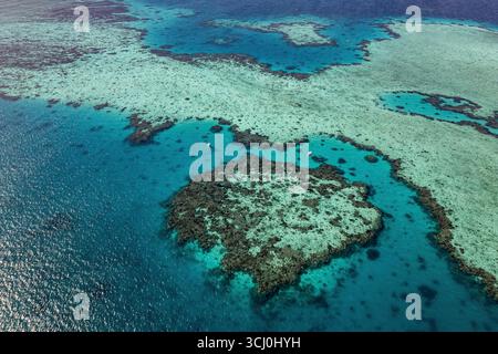 Drohnen-Luftaufnahmen von Korallenriffformationen in der Lagune von Mayotte im Indischen Ozean. Das flache türkisfarbene Wasser offenbart Riffstrukturen Stockfoto
